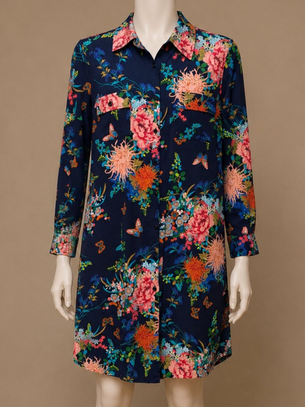 Soft Surroundings Floral Butterfly Button Front Tunic Dress Boho Lagenlook Artsy